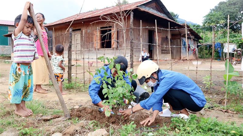 Đoàn viên, thanh niên xã Đạ Tông ra quân trồng cây xanh dọc các tuyến đường