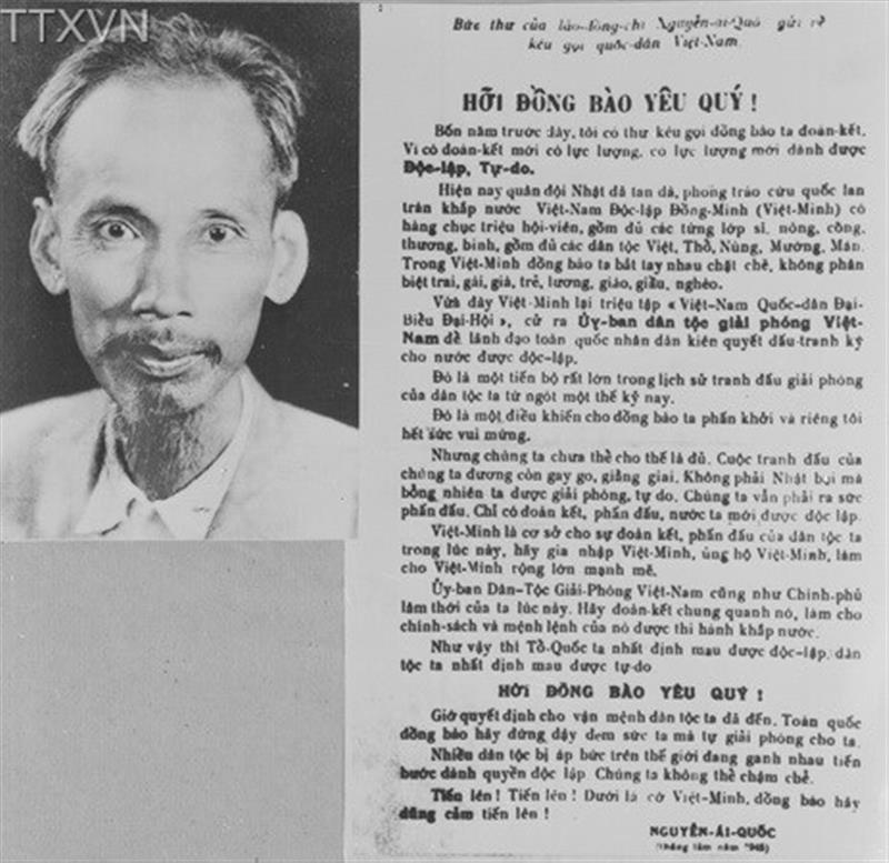 Bức thư của Chủ tịch Hồ Chí Minh gửi đồng bào cả nước, ký tên là Nguyễn Ái Quốc, được truyền đi khắp nơi trước cuộc Tổng khởi nghĩa Tháng Tám thành công. Ảnh Sưu tầm.jpg